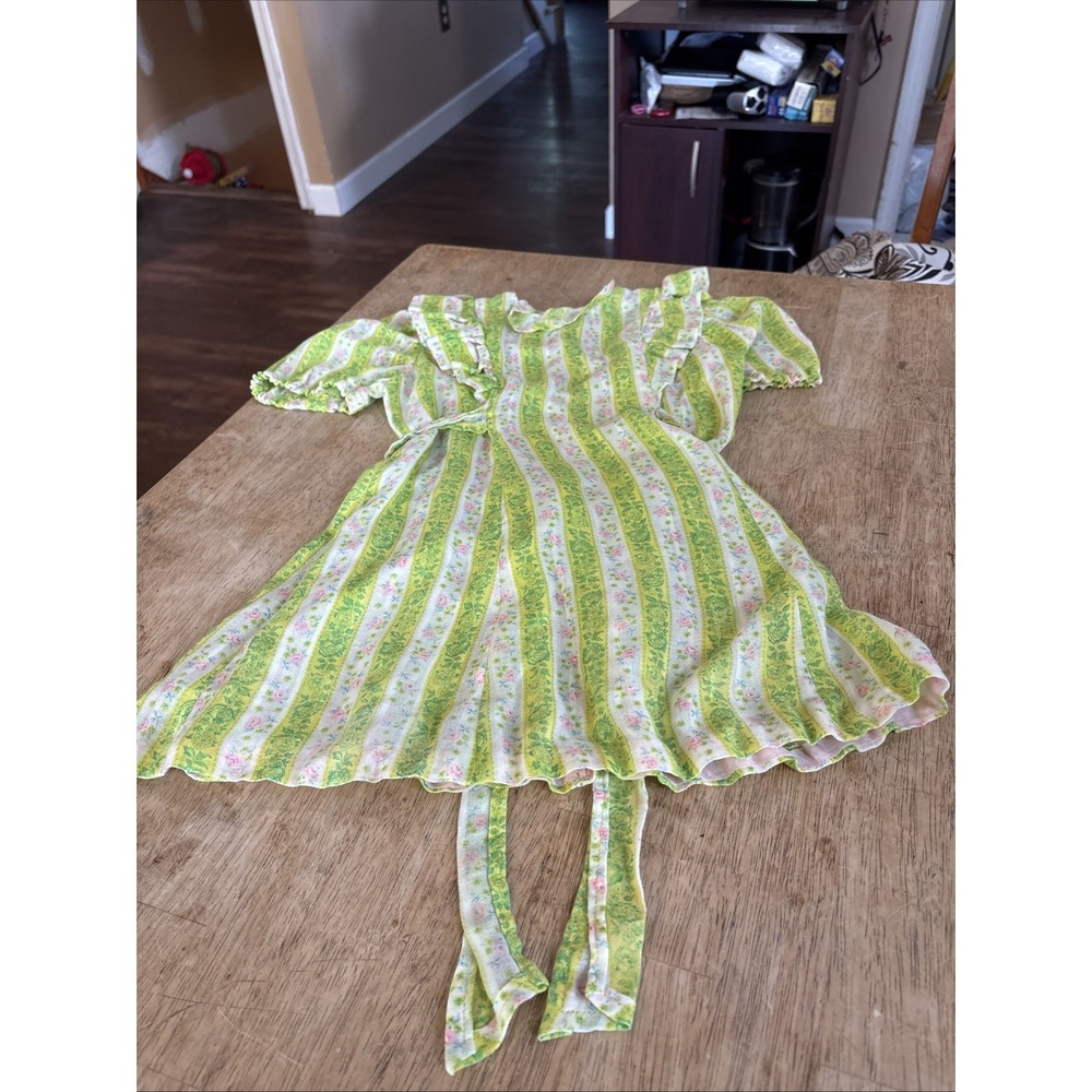 VTG Handmade GIRLS 70's Prairie Dress Green Floral Puff Sleeve Appx Size 5/6